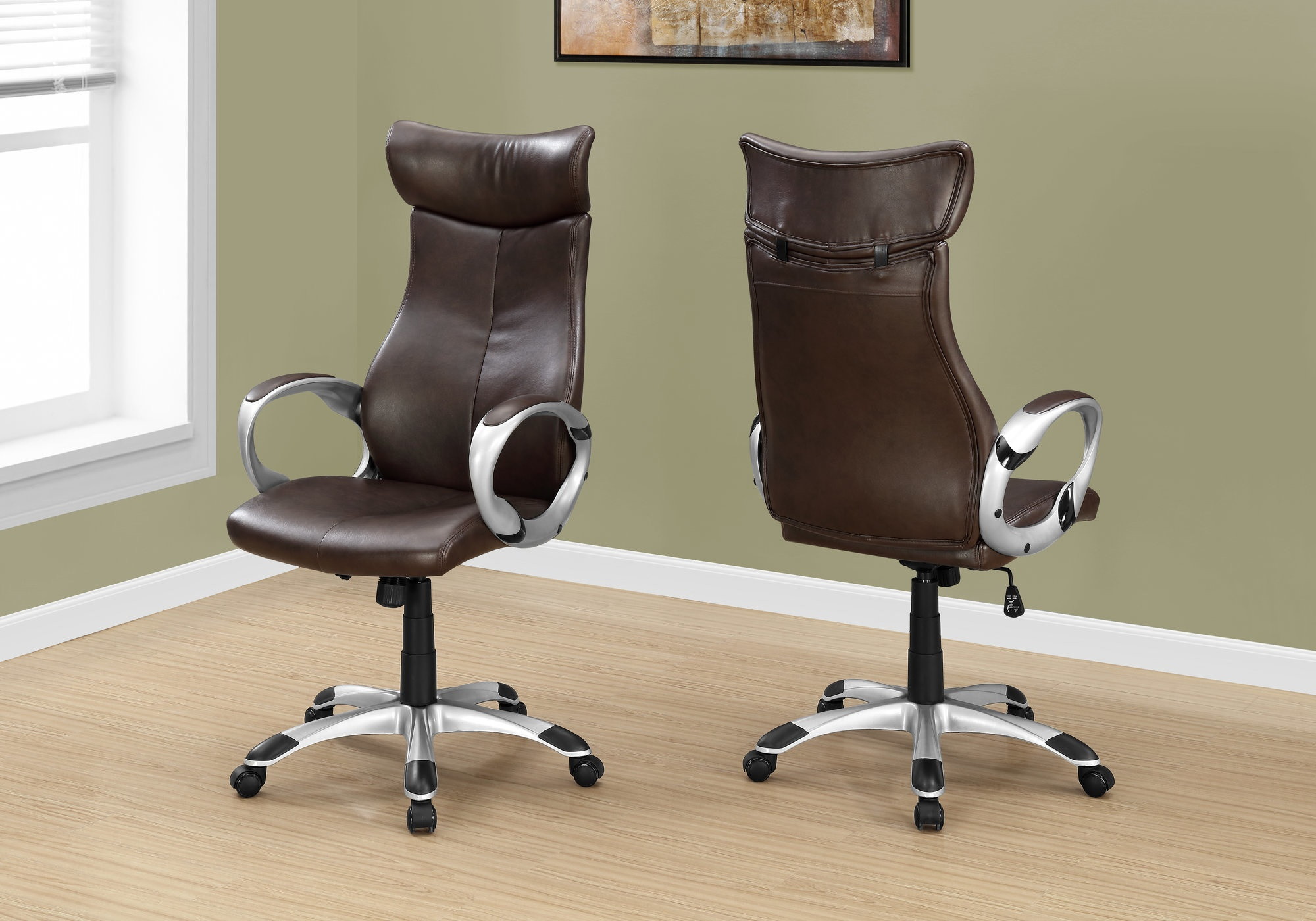 Monarch Specialties Contemporary Brown Leather Look High Back Executive Office Chair
