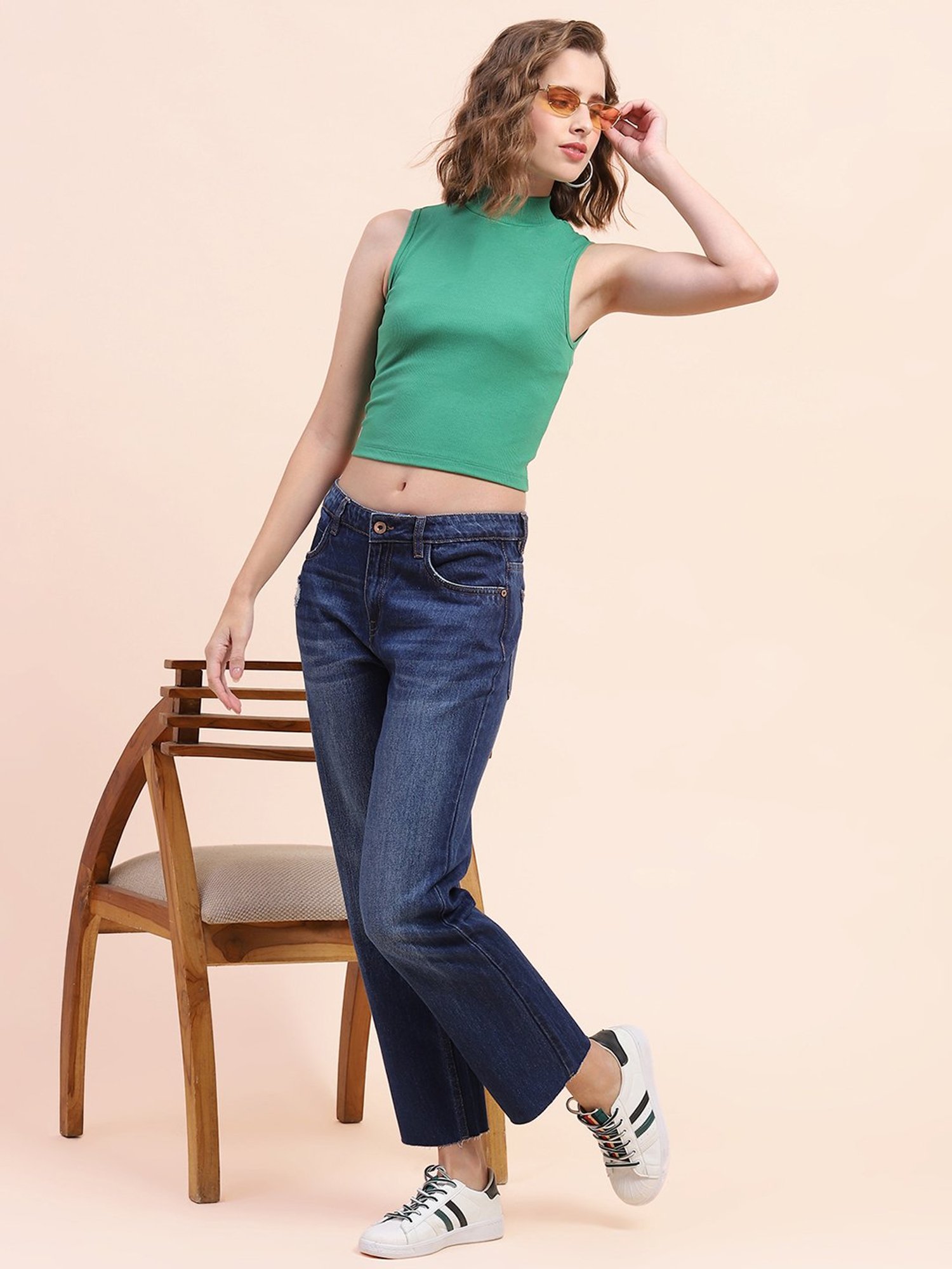 Camla Dark Blue Cotton Distressed Regular Fit Mid Rise Jeans