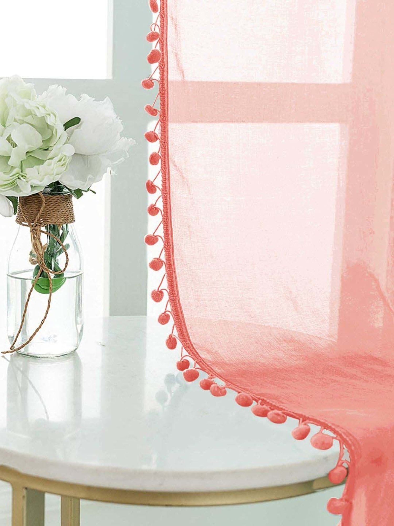 Urban Space Peach Cotton Pom Pom Sheer Door Curtain - Set of 2