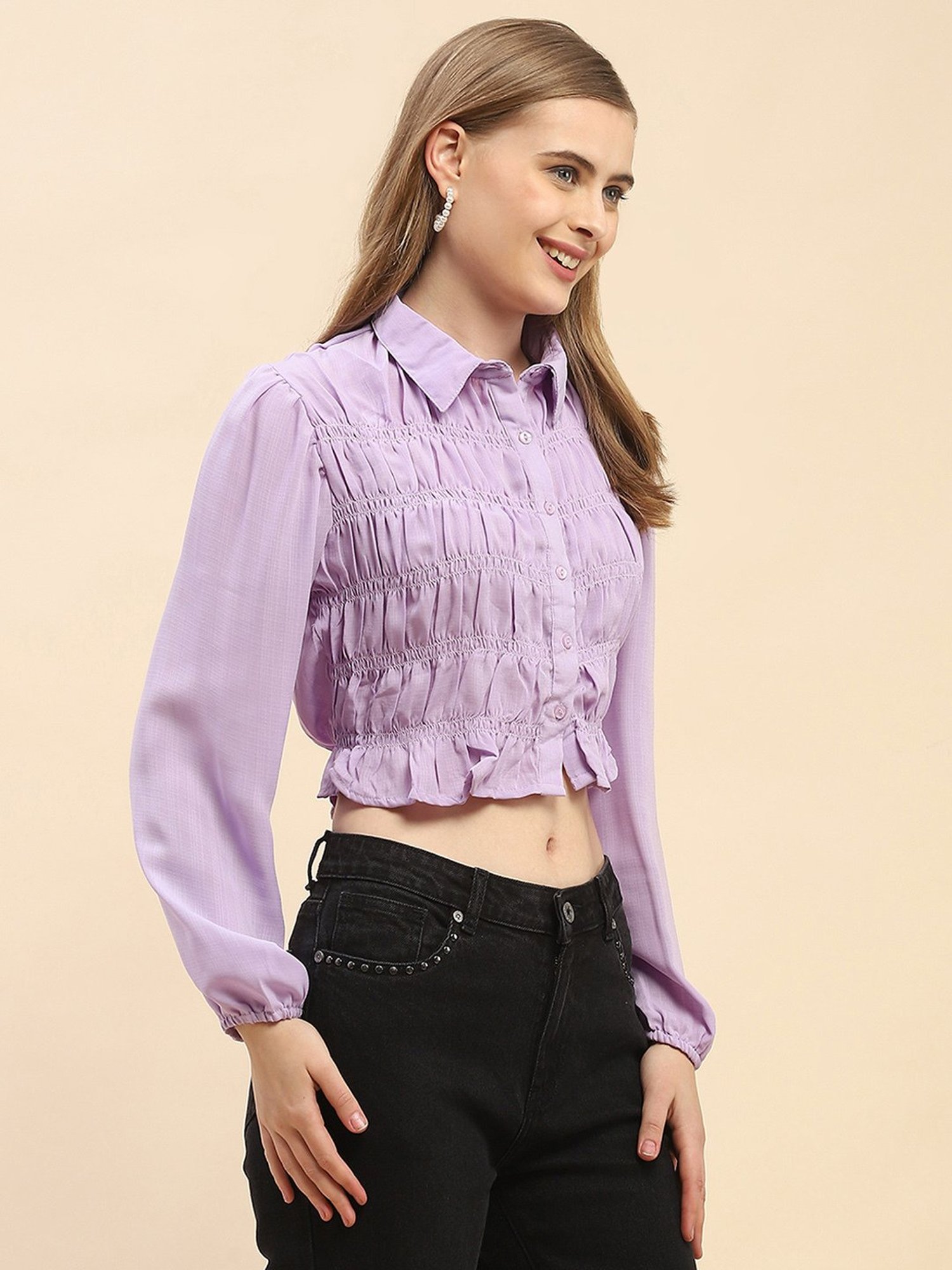 Camla Lavender Regular Fit Crop Shirt