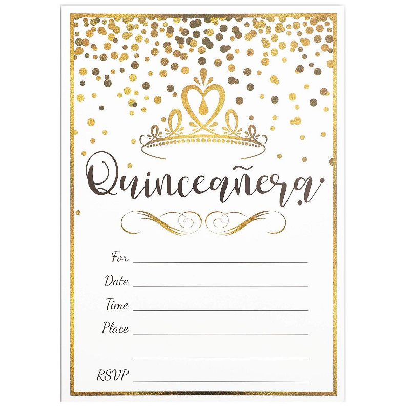 36-Pack Quinceanera Celebration Party Fill-in Invitation with Envelopes, Gold Foil Polka Dot, 5" x 7"