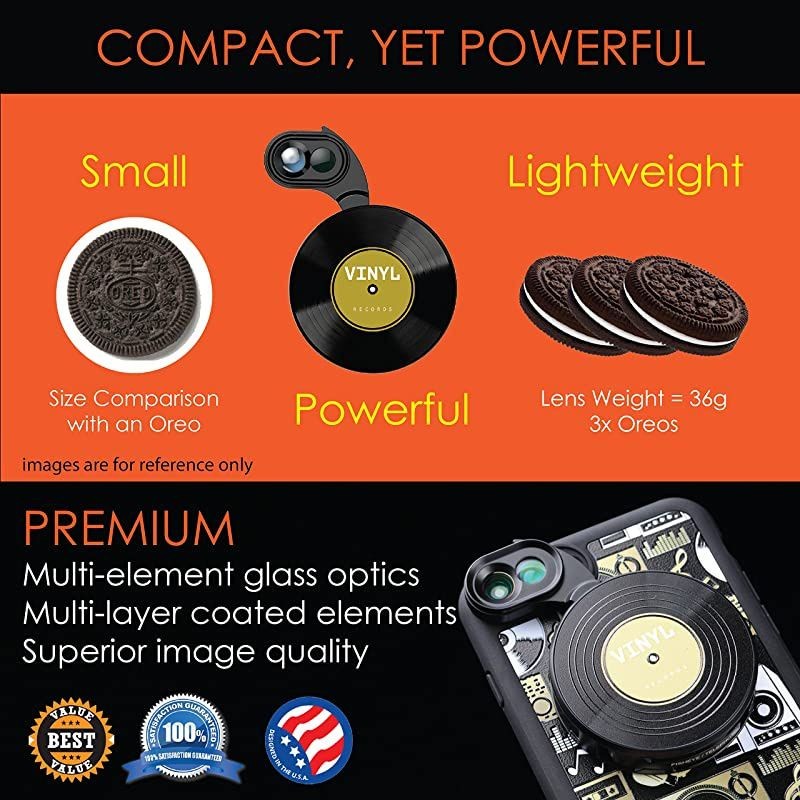 Designer Revolver M Series Camera Kit: 6 in 1 Lens with Case for iPhone 7 Plus / 8 Plus - 2X Telephoto Lens, Macro, Super Macro Lens, Wide Angle Lens (Audio Elements)