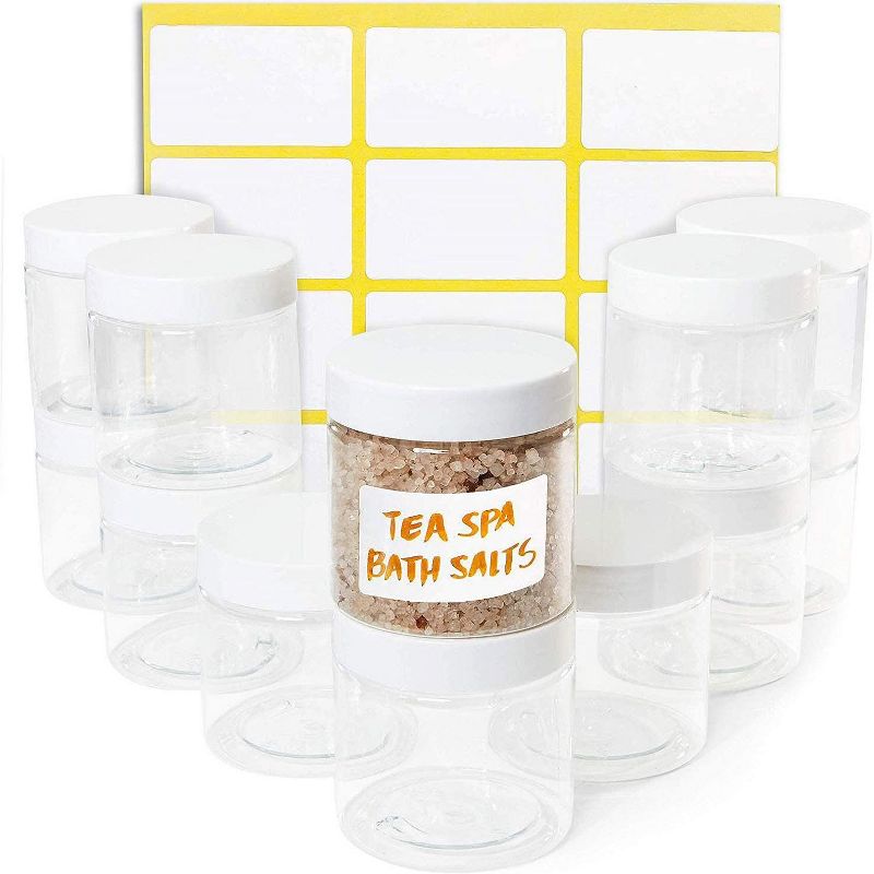 Juvale 12 Pack Round Plastic Glass Jars with Lids, 6oz Clear Food Storage Containers with Label Stickers for Spice, Powder and Cooking Oil