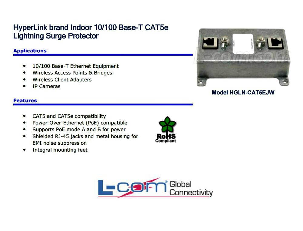 L-com HGLN-CAT5EJW Indoor 10/100 Base-T Shielded CAT5e Lightning Surge Protector