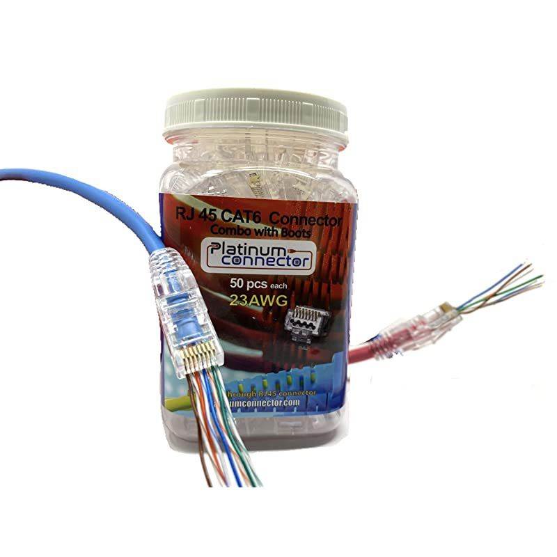 Connector RJ45 CAT6 Connector with Clear Boots 50pcs Each End Pass Through onePiece Ethernet Modular Plugs CAT6 for 2324AWG Category Cable