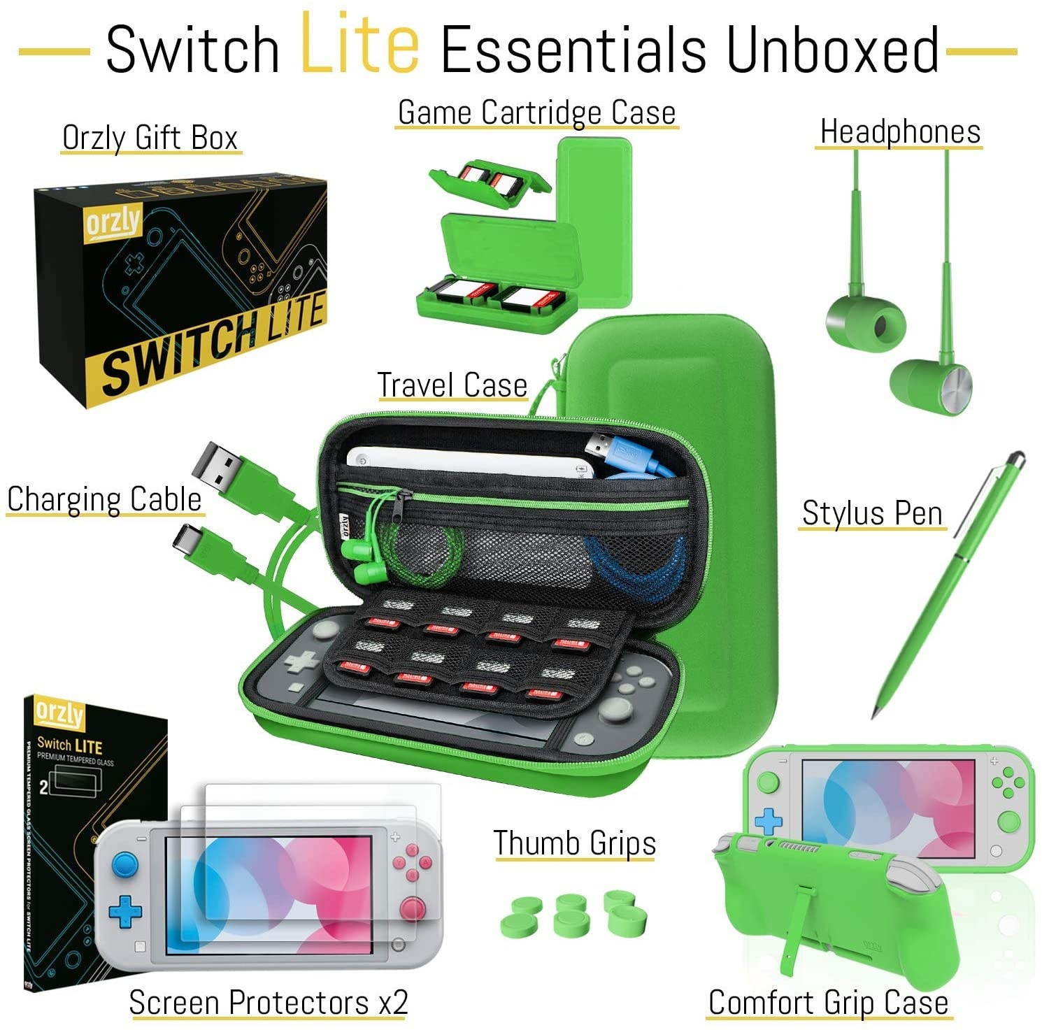 Orzly Switch Lite Accessories Bundle - Case & Screen Protector for Nintendo Switch Lite Console, USB Cable, Games Holder, Comfort Grip Case, Headphones, Thumb-Grip Pack & More - Green
