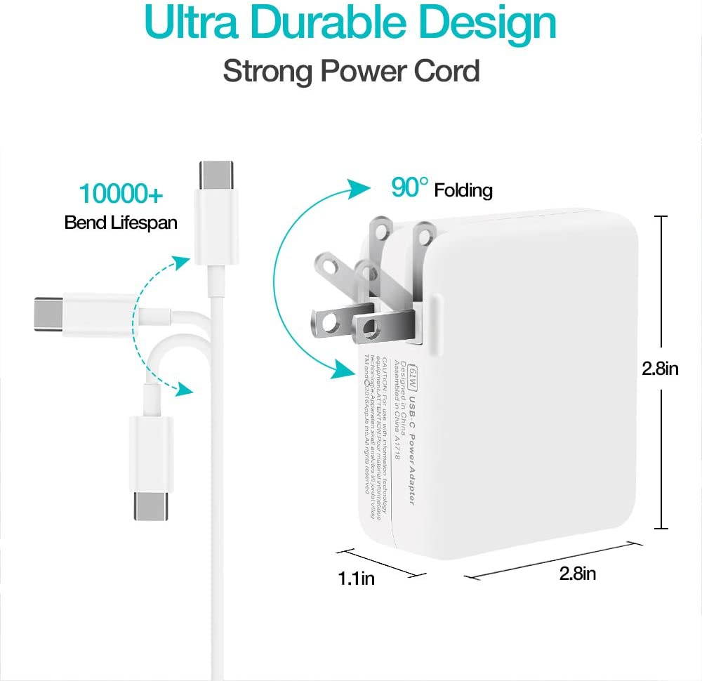 Mac Book Pro Charger USB C Power Adapter 61W, PD Mac Book Air Charger, Compatible 61W, 45W, 36W, 27W,12W for Mac Book Pro/Air, i-Pad Pro 12.9'', 11'',Switch, More Type C Devices,6.6ft USB C Cable