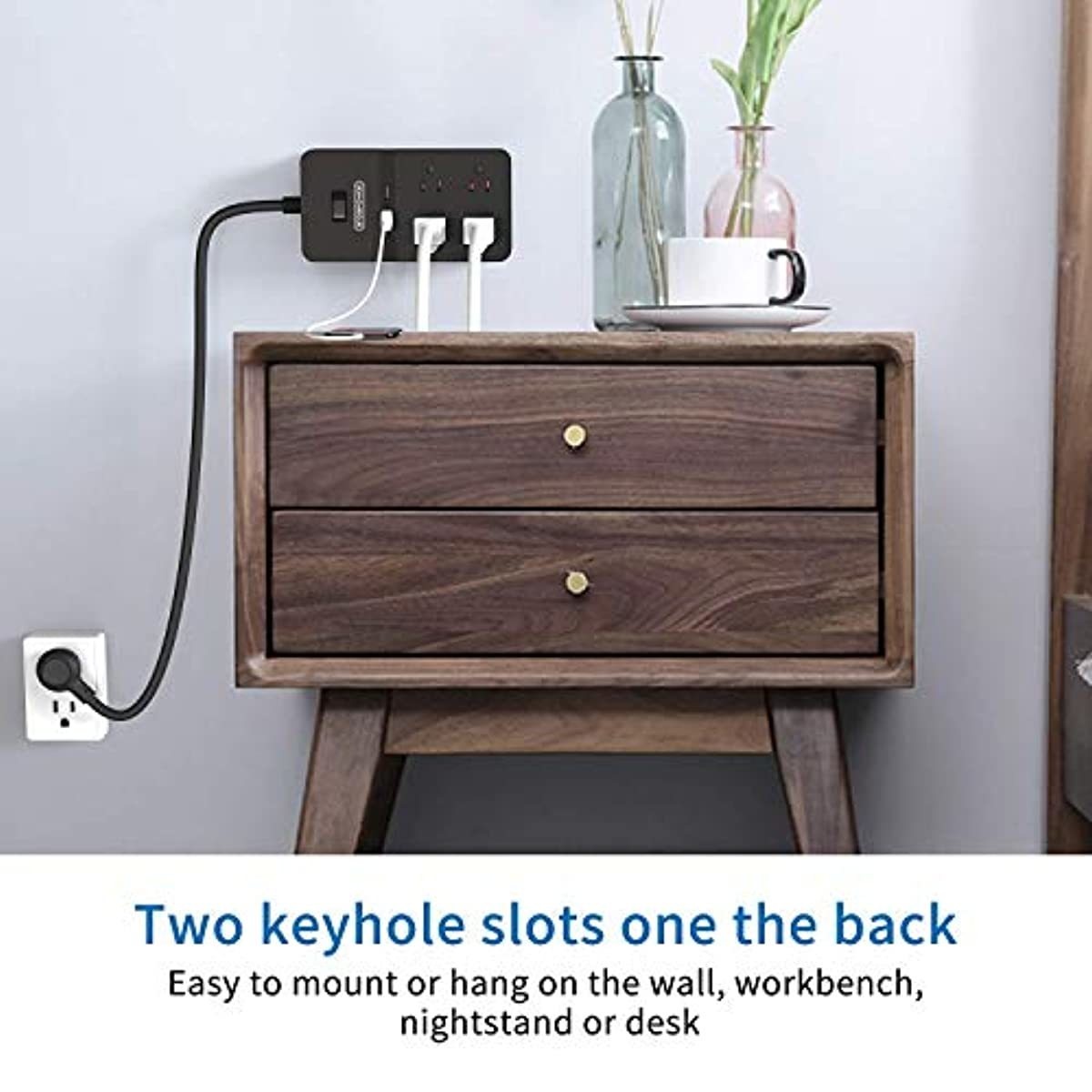 NTONPOWER Power Strip with USB Bundle, 3 Outlets and 4 Outlets 2 USB Compact Power Strip with 5 ft Extension Cord, Right Angle Flat Plug, Wall Mount for Office, Home, Nightstand, Dorm, Black