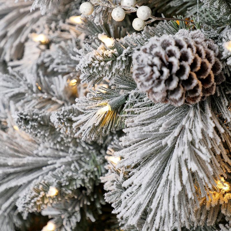 Home Heritage 9 Foot Snowdrift Snow Flocked Quick Set Pine Prelit Artificial Christmas Tree w/ Clear White Lights, Pinecones, Berries, and Metal Stand