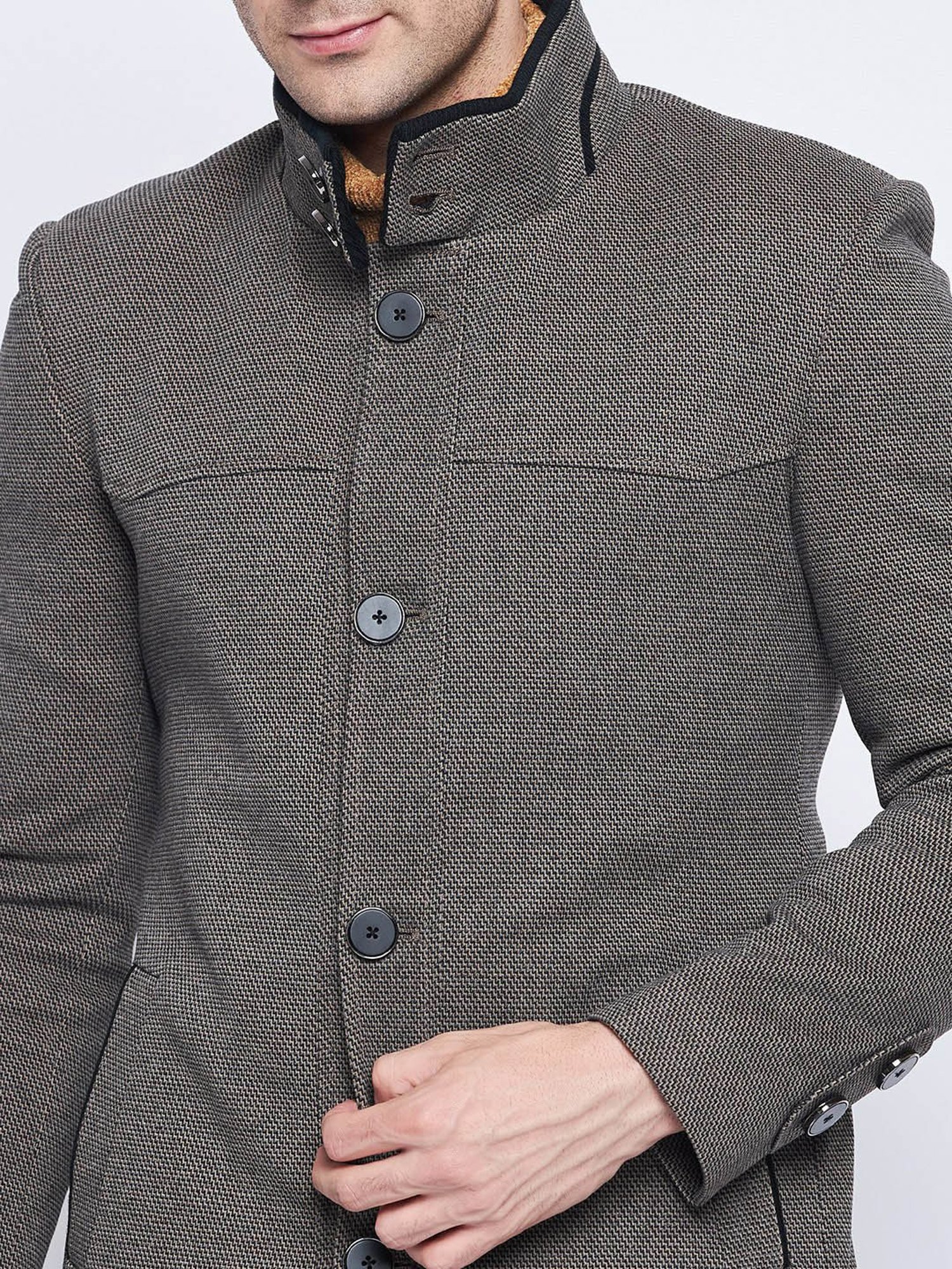 Camla Brown Regular Fit Mock Collar Textured Overcoat