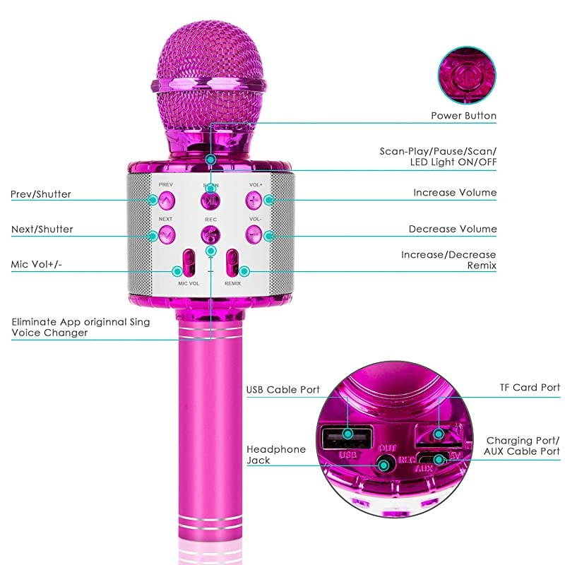 Bluetooth Karaoke Microphone, 5-in-1 Portable Handheld Mic Speaker Player Recorder with Controllable LED Lights, Adjustable Remix FM Radio for Christmas, Birthday, Home Party More (Rose Red)