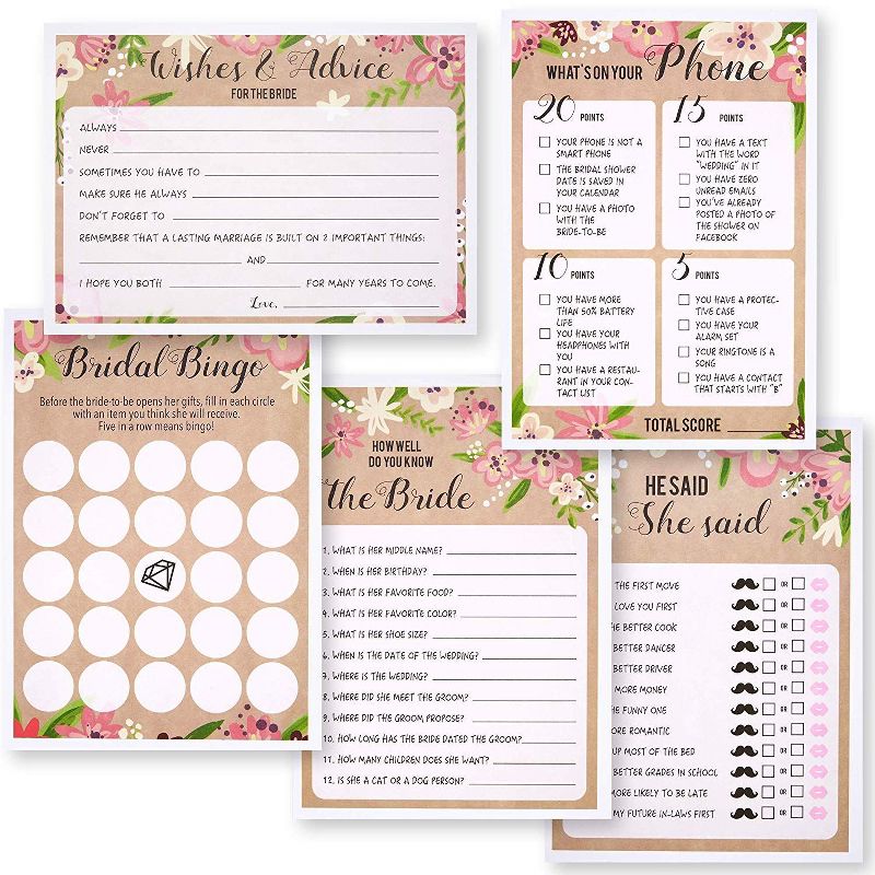 Set Of 5 Floral Bridal Shower Wedding Games, 50 Cards Each Game, 5 X 7 inches
