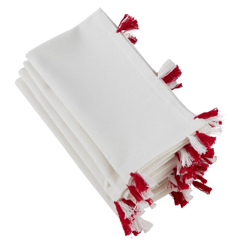 20" White Napkin with Red and White Tassels Set of 4 pc - SARO Lifestyle