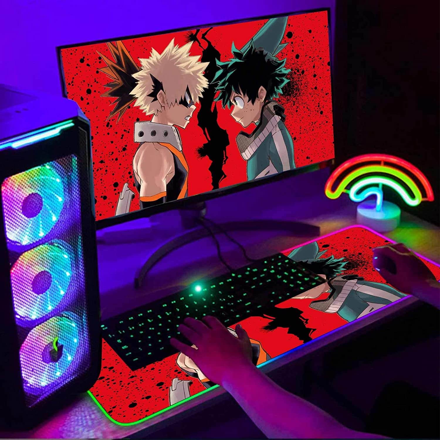 RGB Gaming Mouse Pad Anime My Hero Academia Bakugo and Deku,Mousepad with 12 Lighting Modes & Non-Slip Rubber Base-Laptop Glowing Desk Pads-Computer Keyboard and Mice Combo Pad Mat 31.5X11.8