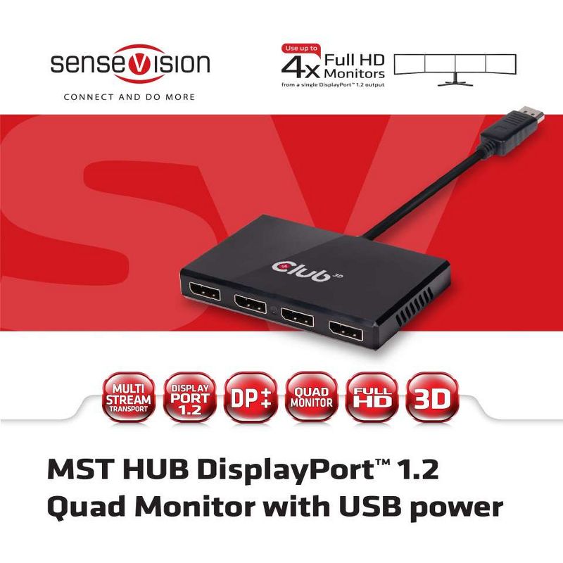Club 3D Multi Stream Transport (MST) Hub DisplayPort 1.2 Quad Monitor USB Powered - 3840 ?? 2160 - DisplayPort - USB
