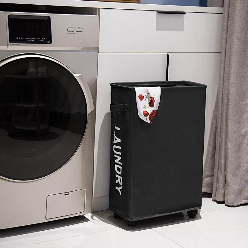 Laundry Hamper With Wheels Slim Laundry Basket Foldable Dirty Clothes Basket Portable Rolling Laundry Organizer for Corner Narrow (22 inches, Black)