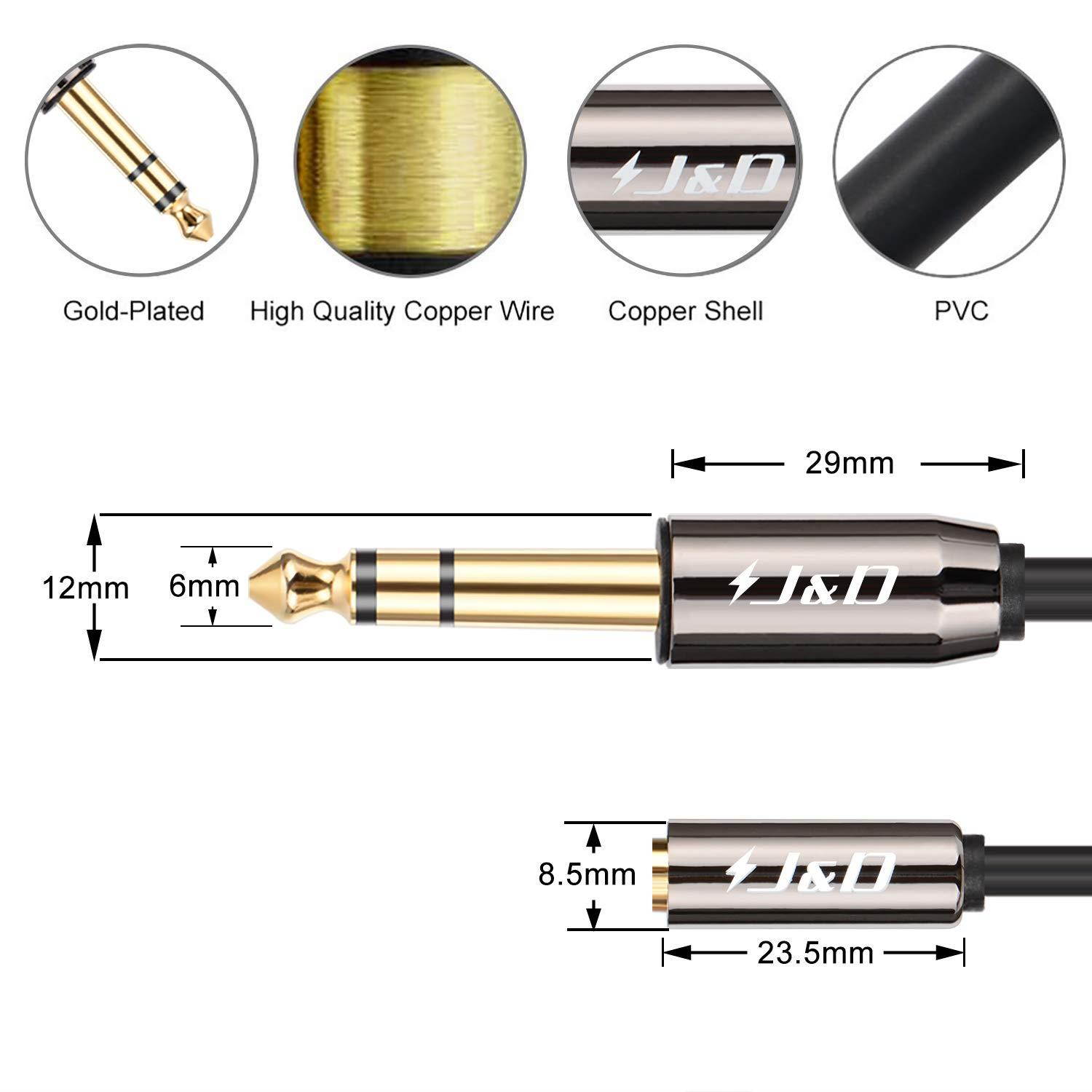 J&D 3.5 mm to 6.35 mm Cable, Gold-Plated [Copper Shell] [Heavy Duty] 3.5mm 1/8" Female TRS to 6.35mm 1/4" Male TRS Stereo Audio Adapter Cable for iPhone, Amplifiers - 6 Feet