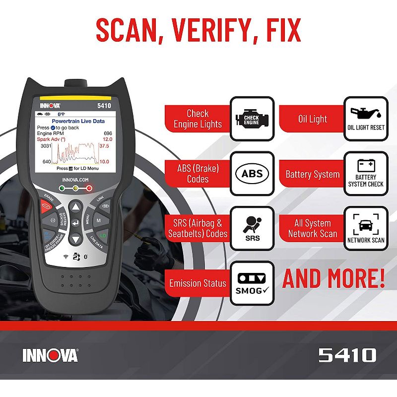 INNOVA 5410 CarScan Diagnostics Bluetooth WiFi OBD2 Scanner Code Reader Tool with Live Data, Hybrid Battery Read, and All System Network Scan