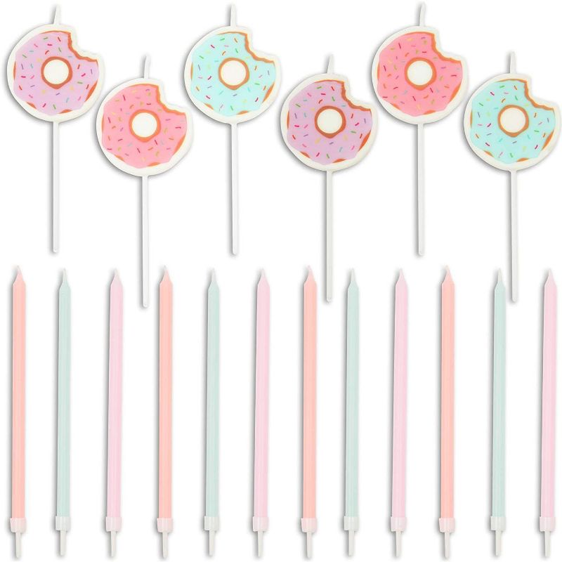 18 Pieces Donut Cake Topper and Pastel Thin Candles with Holders for Kids 1st Birthday, Girl Baby Shower, Cupcake, Party Decorations