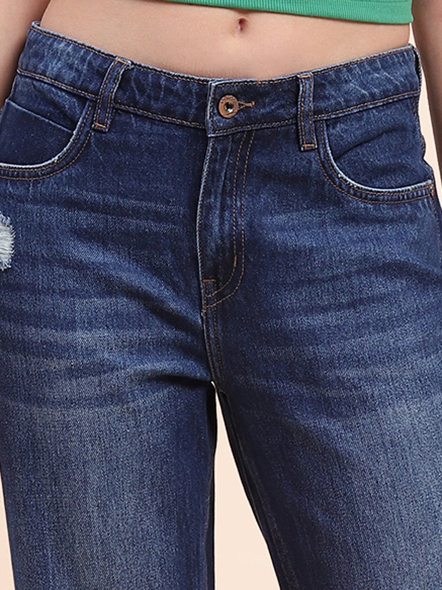 Camla Dark Blue Cotton Distressed Regular Fit Mid Rise Jeans