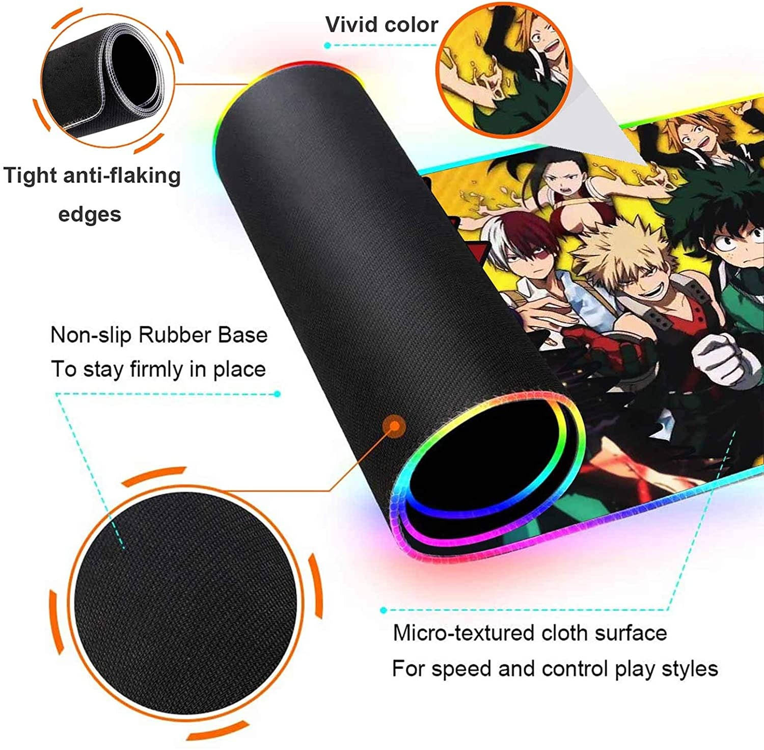Gaming Mouse Pad RGB Anime My Hero Academia Deku And Heroes,Mousepad With 12 Lighting Modes & Non-Slip Rubber Base-3Mm Thick-Laptop Glowing Desk Pad-Computer Keyboard And Mice Combo Pads Mat 23.6X13.8