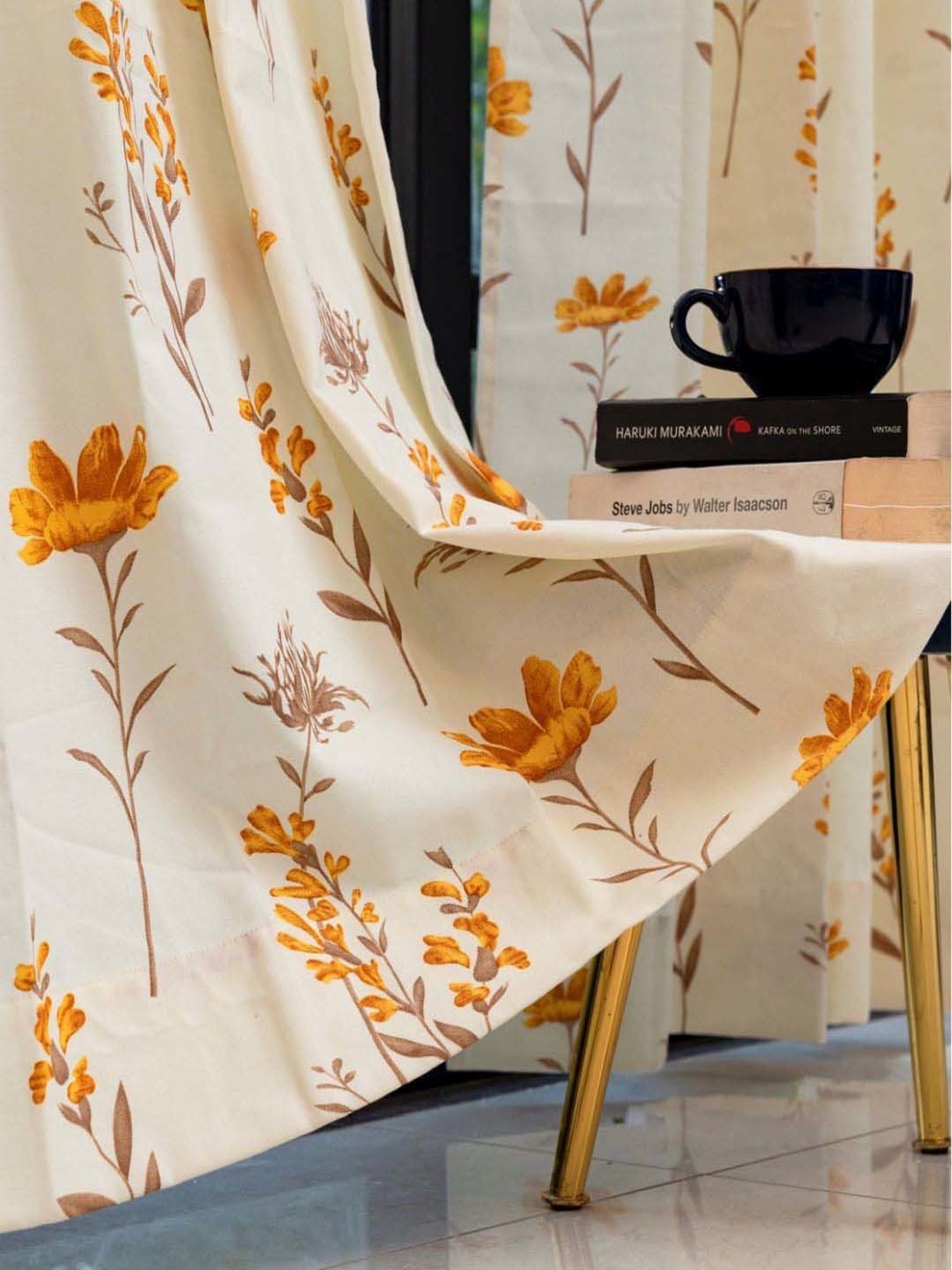 Urban Space Orchid Blooms Yellow Cotton Floral Printed Window Curtain - Set of 2