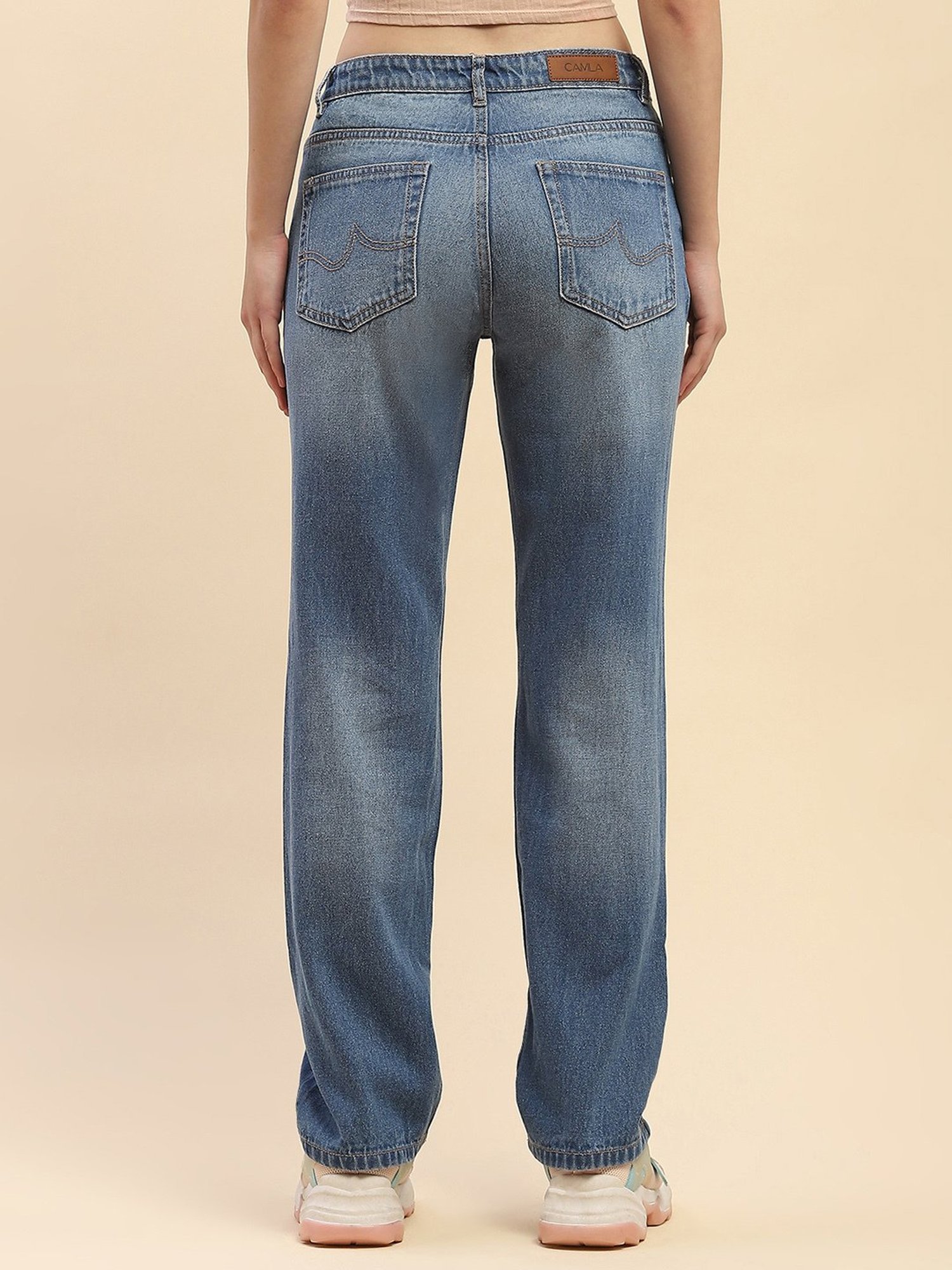 Camla Blue Cotton Straight Fit Mid Rise Jeans