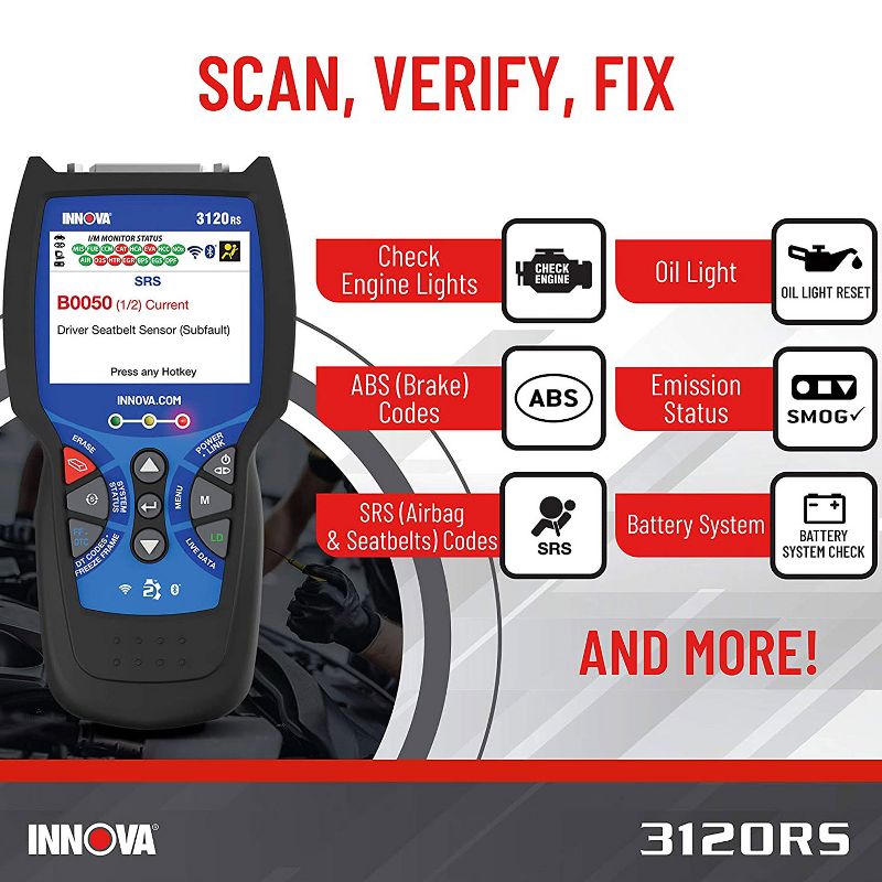 INNOVA 3120RS FixAssist OBD2 Scanner Code Reader Tool with Live Data, SRS/Airbag Code Readings, Oil Light Reset, and Battery System Check