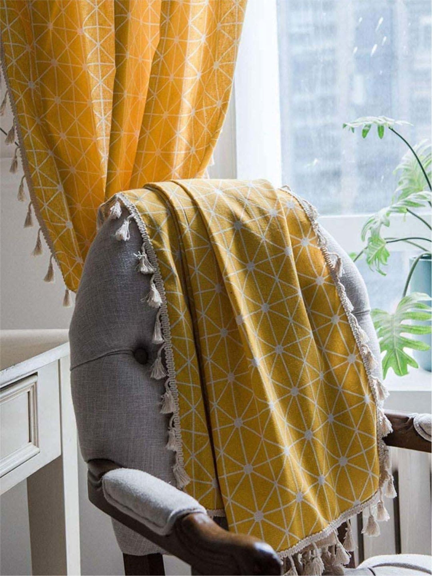 Urban Space Bohemian Yellow Cotton 5 Ft. Window Curtain with Stainless Steel Rings