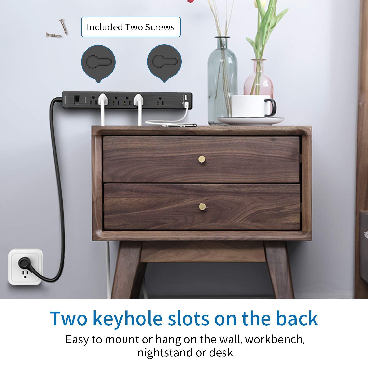 6 Outlets Surge Protector Power Strip with 2 USB Ports, 1875W Flat Plug Power Strip, 5ft Heavy-Duty Extension Cord, Widely Spaced Outlet, Wall Mount for Office Home Theater Workshop, Black, 500 J