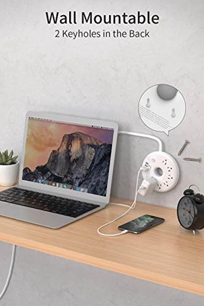 Power Strip with USB, NTONPOWER Flat Plug Power Strip, 6 Outlets & 3 USB Ports, 6 ft Extension Cord, Wall Mount, Desktop Charging Station for Home, Dorm Room, Office and Nightstand-White