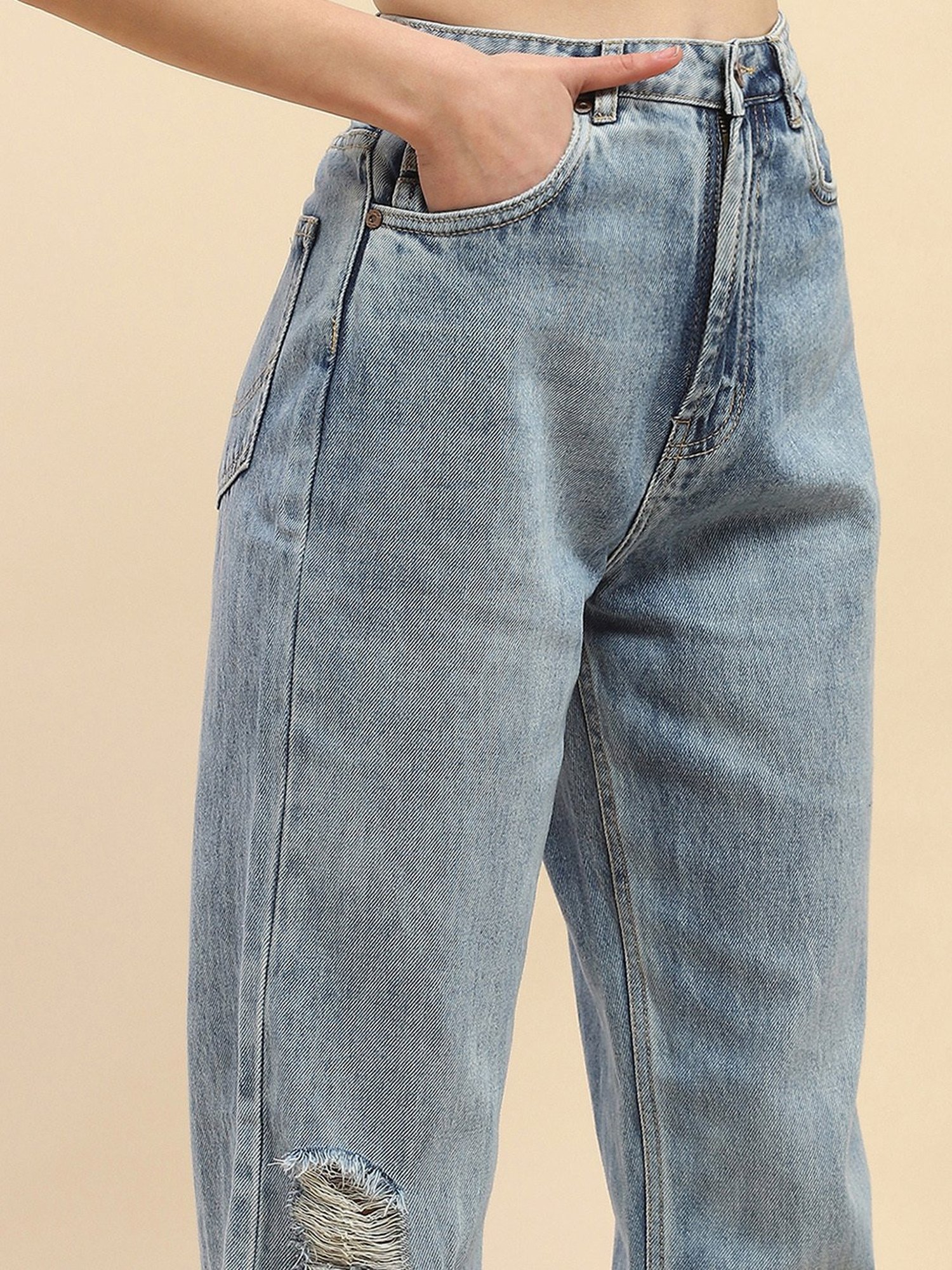 Camla Blue Cotton Distressed Mid Rise Jeans