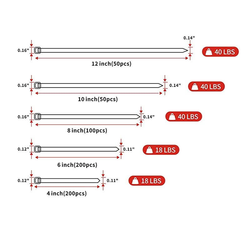 white Standard SelfLocking Nylon Cable Zip Ties Assorted Sizes 4681012 Inch with cable mount