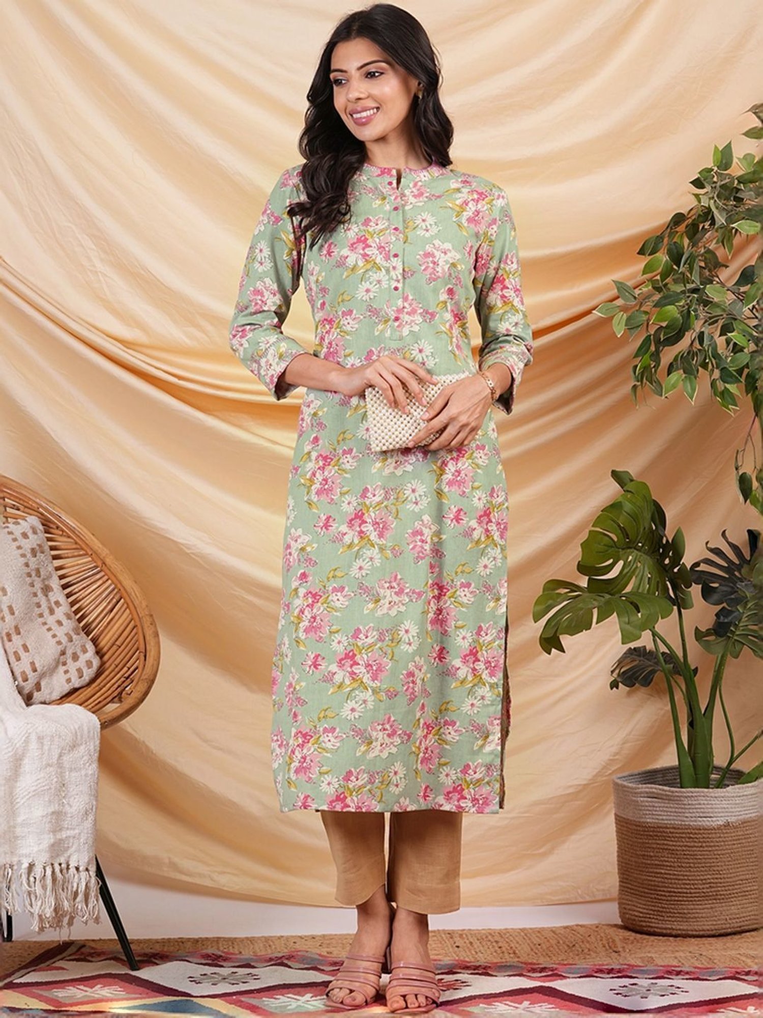 Kami Kubi Green Cotton Printed Straight Kurta