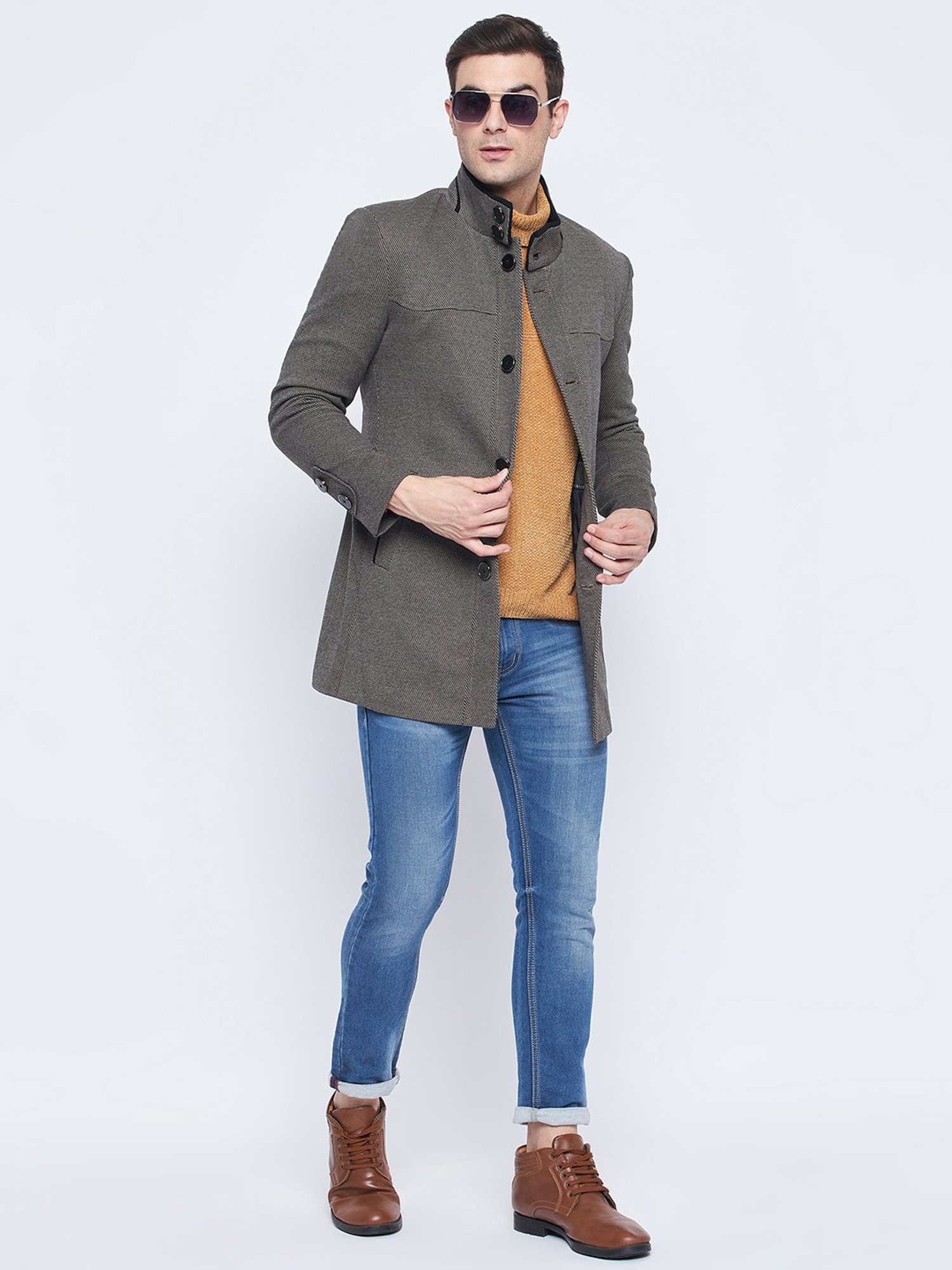 Camla Brown Regular Fit Mock Collar Textured Overcoat