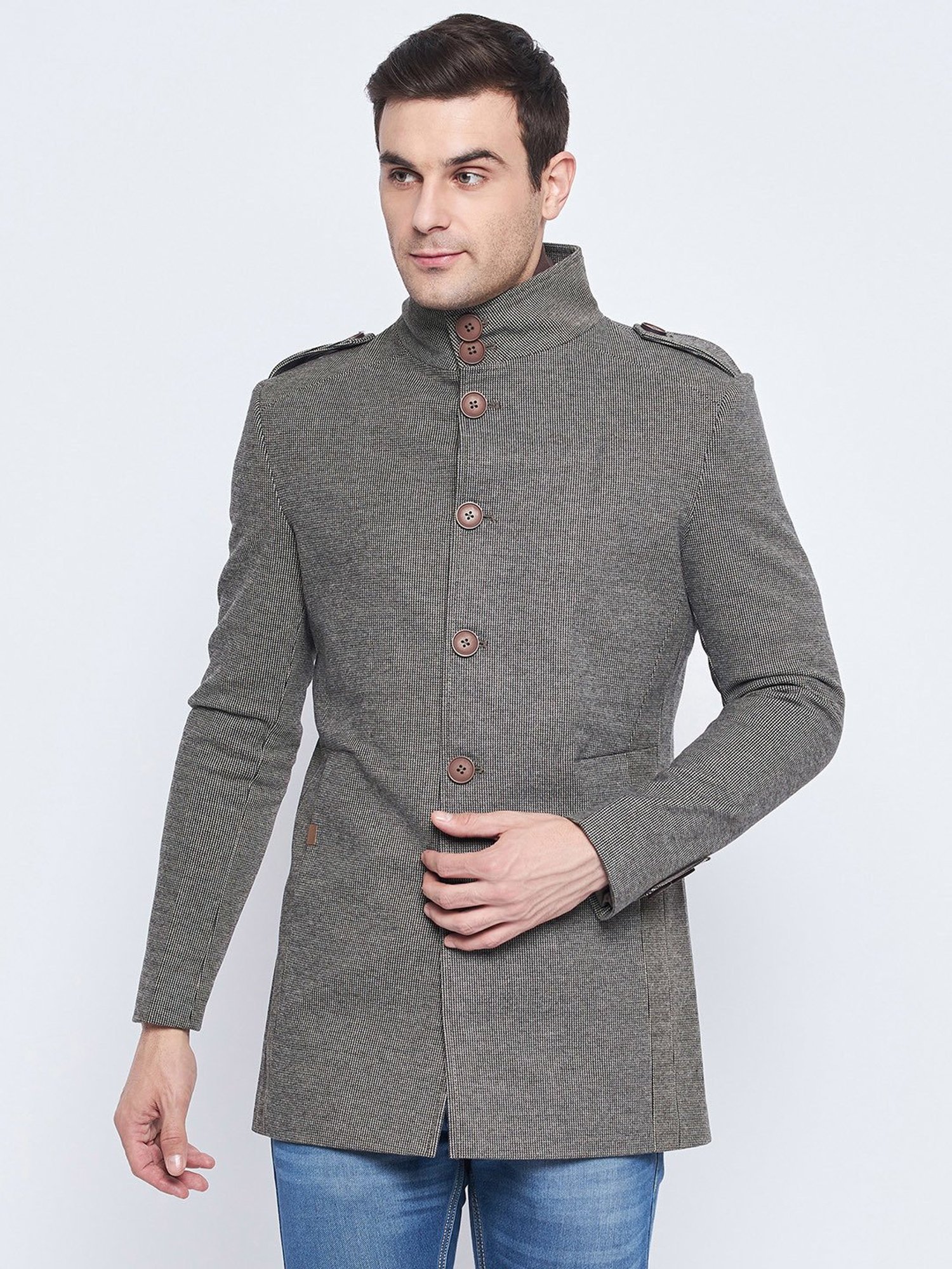 Camla Coffee Brown Regular Fit Mock Collar Textured Overcoat