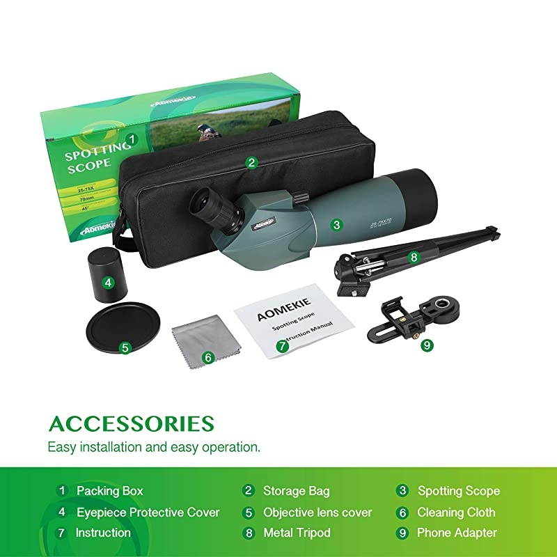 Spotting Scope with Tripod Cell Phone Adapter and Bag 25-75X70 BAK4 Monocular Telescope 45 Degree Angled Spotting Scopes  Shooting Bird Watching