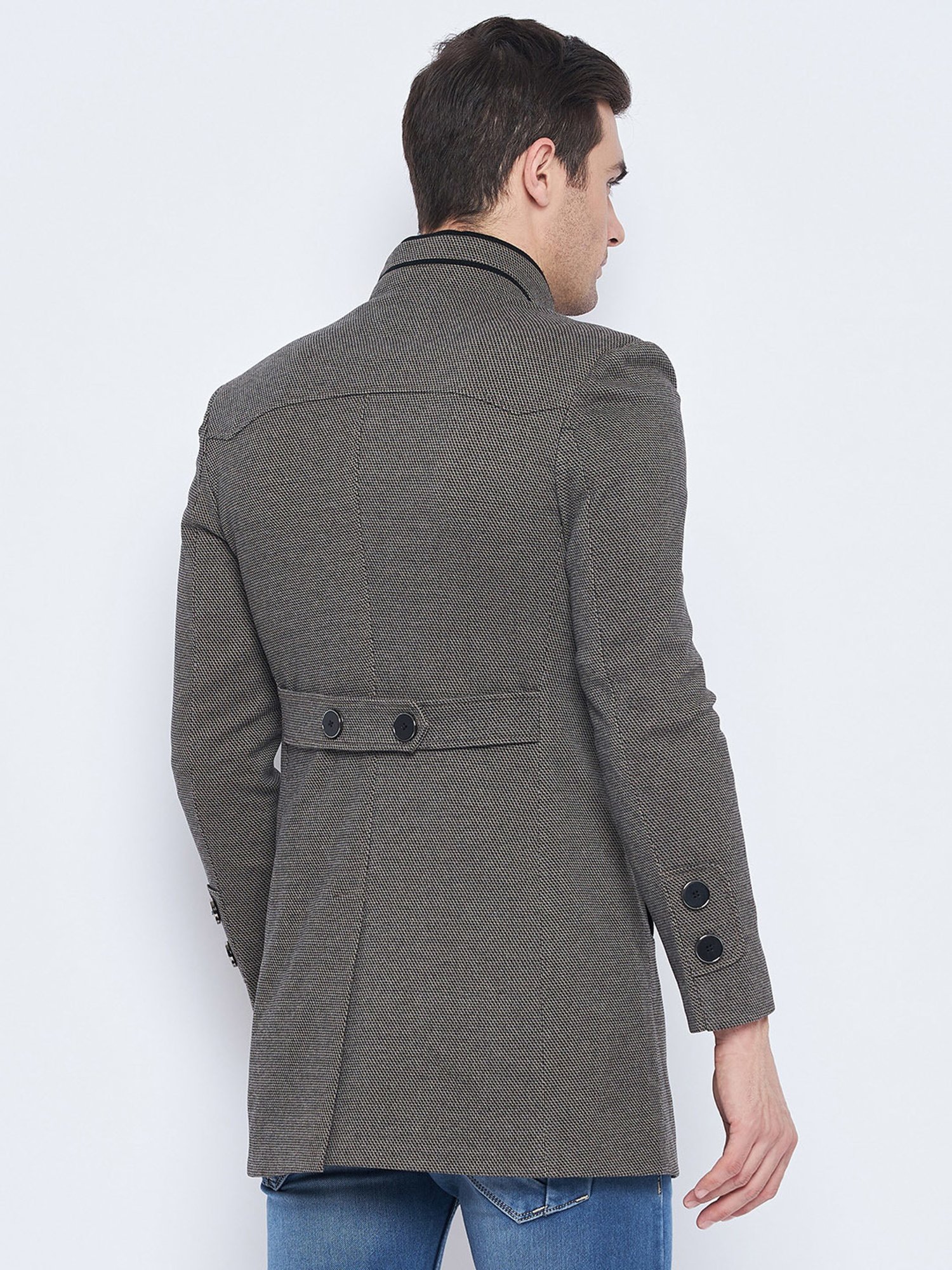 Camla Brown Regular Fit Mock Collar Textured Overcoat
