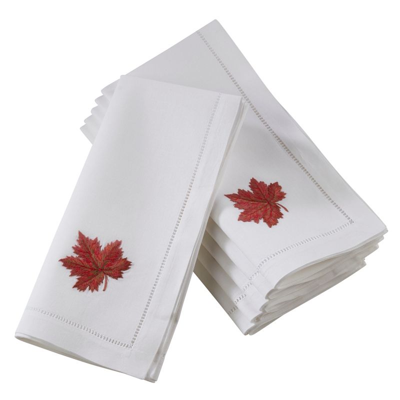 Saro Lifestyle Embroidered Autumn Leaf And Hemstitch Design Cotton Napkins (Set of 6)