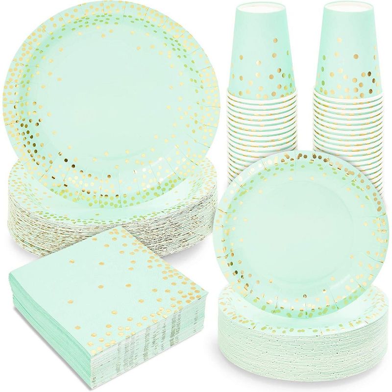 Dinnerware Set for Baby Shower, Gold Foil Polka Dot (Serves 50, 200 Pieces)