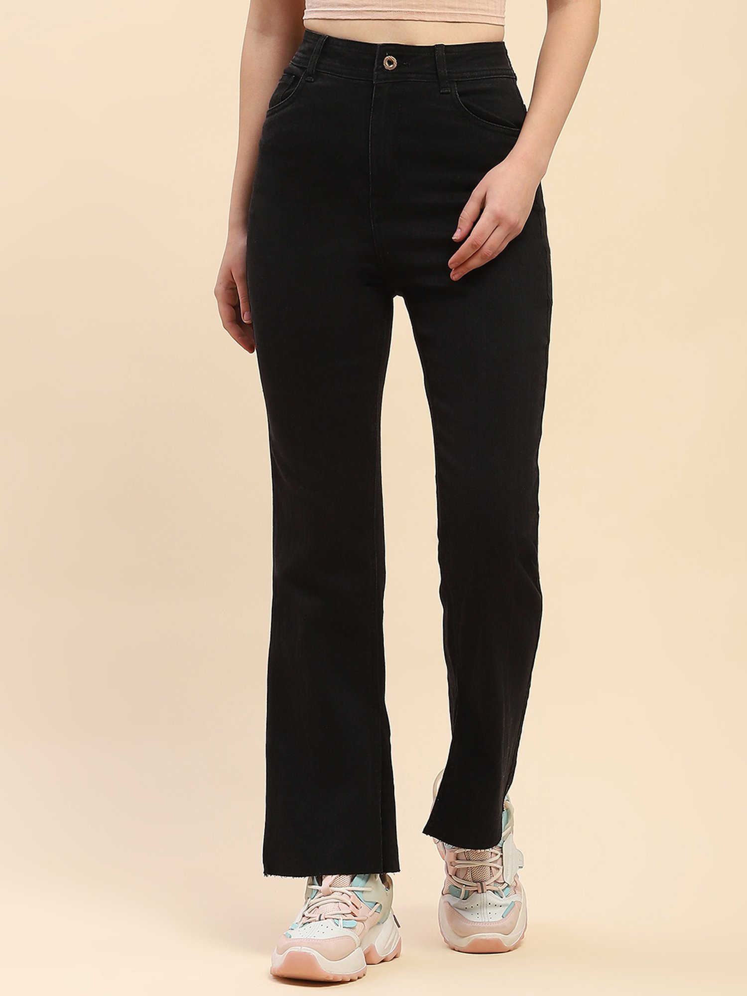 Camla Black Cotton Straight Fit Mid Rise Jeans