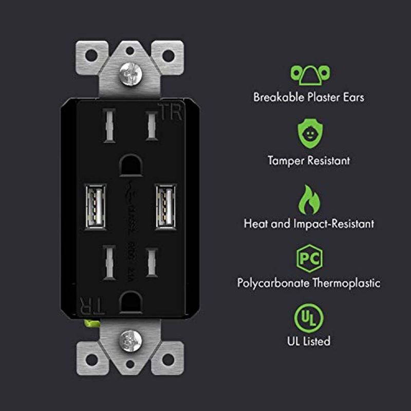TOPGREENER 2.1A USB Wall Outlet Charger, 15A Tamper-Resistant Receptacles, Compatible with Smart Watches, Digital Cameras, GPS, MP3 Players & Small Devices, UL Listed, TU2152A-BK, Black