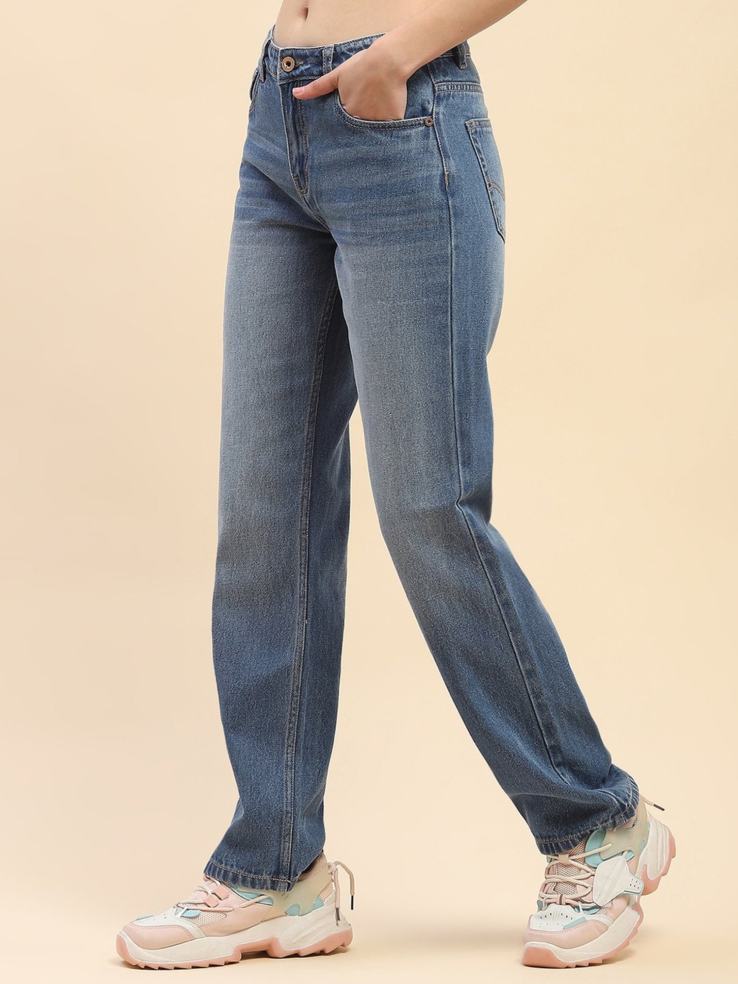 Camla Blue Cotton Straight Fit Mid Rise Jeans