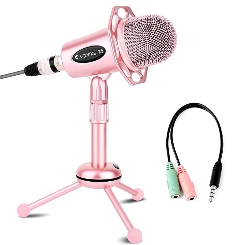 Professional Condenser Microphone  Plug Play Microphone with Tripod for PC Computer Phone for Games Podcast Broadcasting Rose Gold