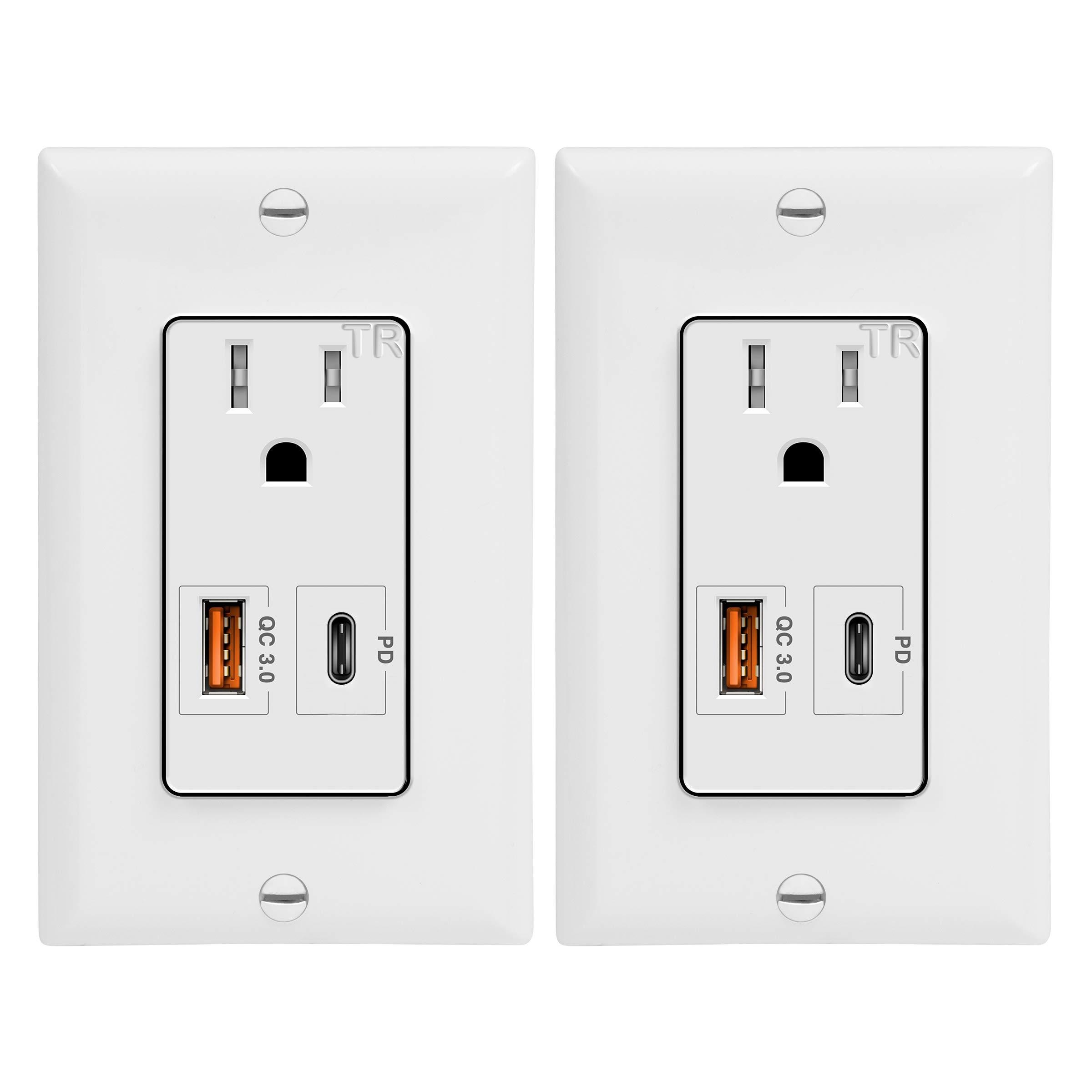 TOPGREENER USB Outlet with 18W Type-C Power Delivery Port and Quick Charge 3.0 USB Port, 15A TR Outlet, for iPhone SE/11/XS/XR/X, iPad, Google Pixel, Samsung Galaxy, More, TU115QC3PD, 2-Pack