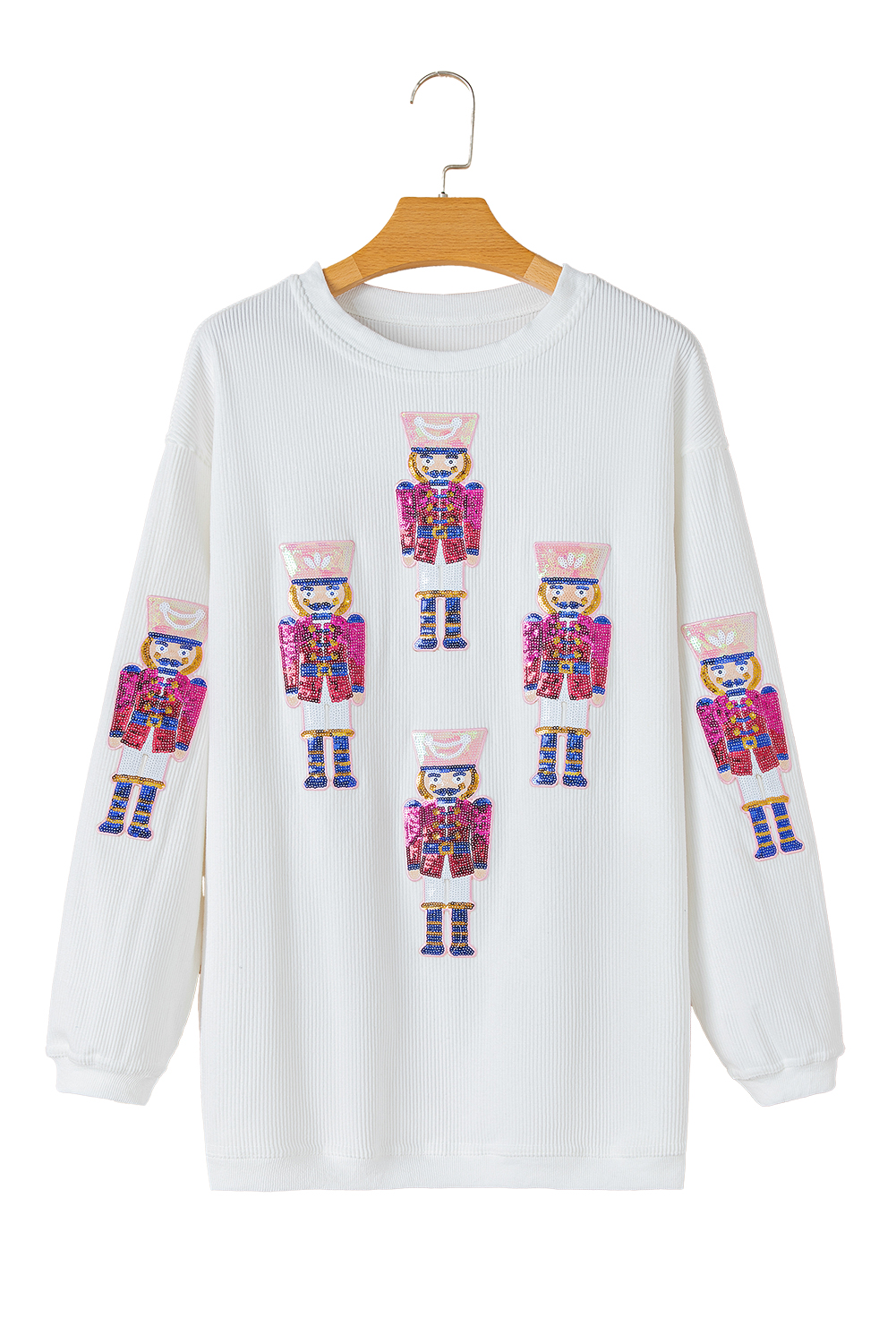 White Sequin Nutcracker Graphic Christmas Corded Sweatshirt