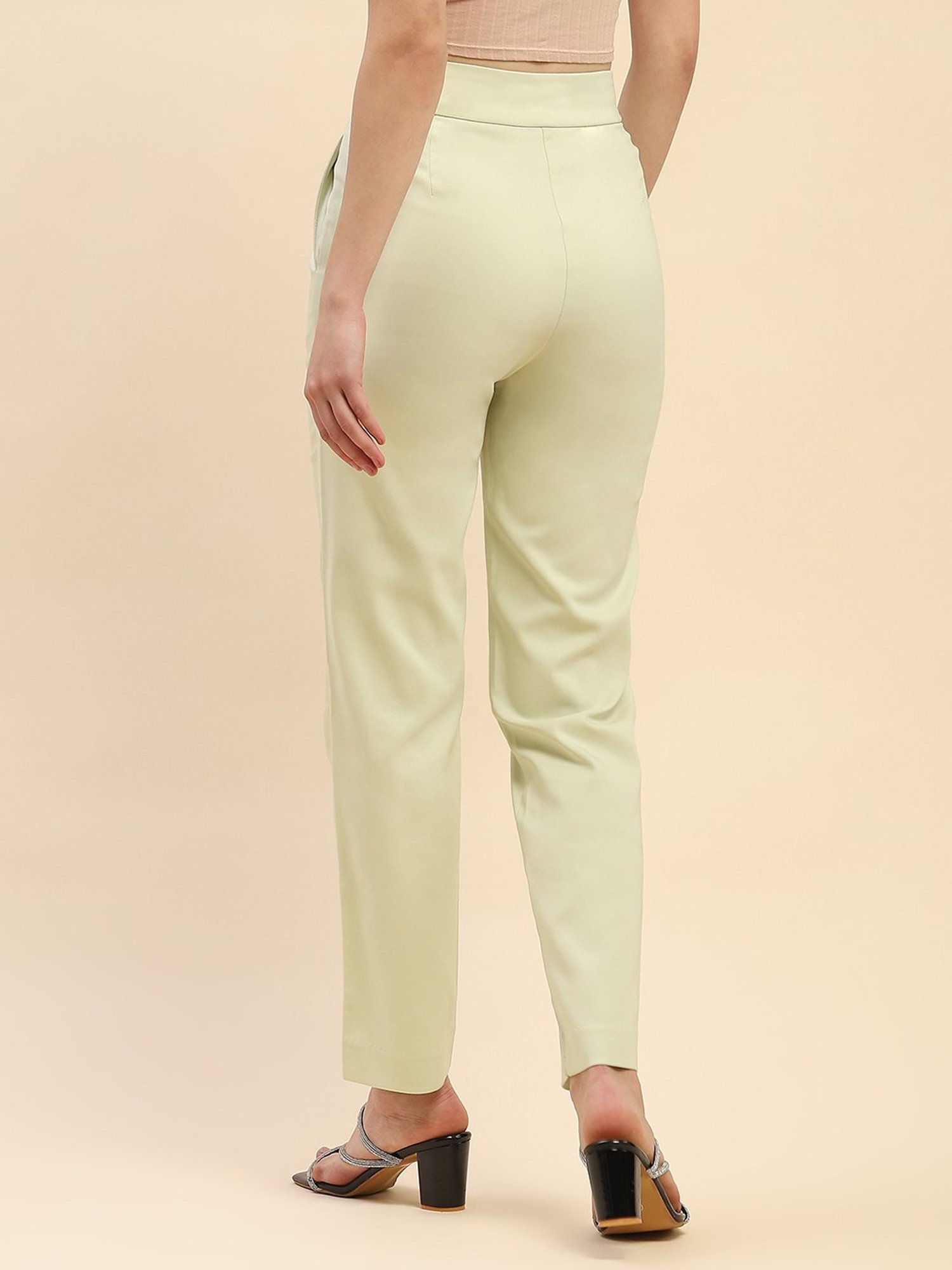 Camla Green Cotton Straight Fit Mid Rise Trousers
