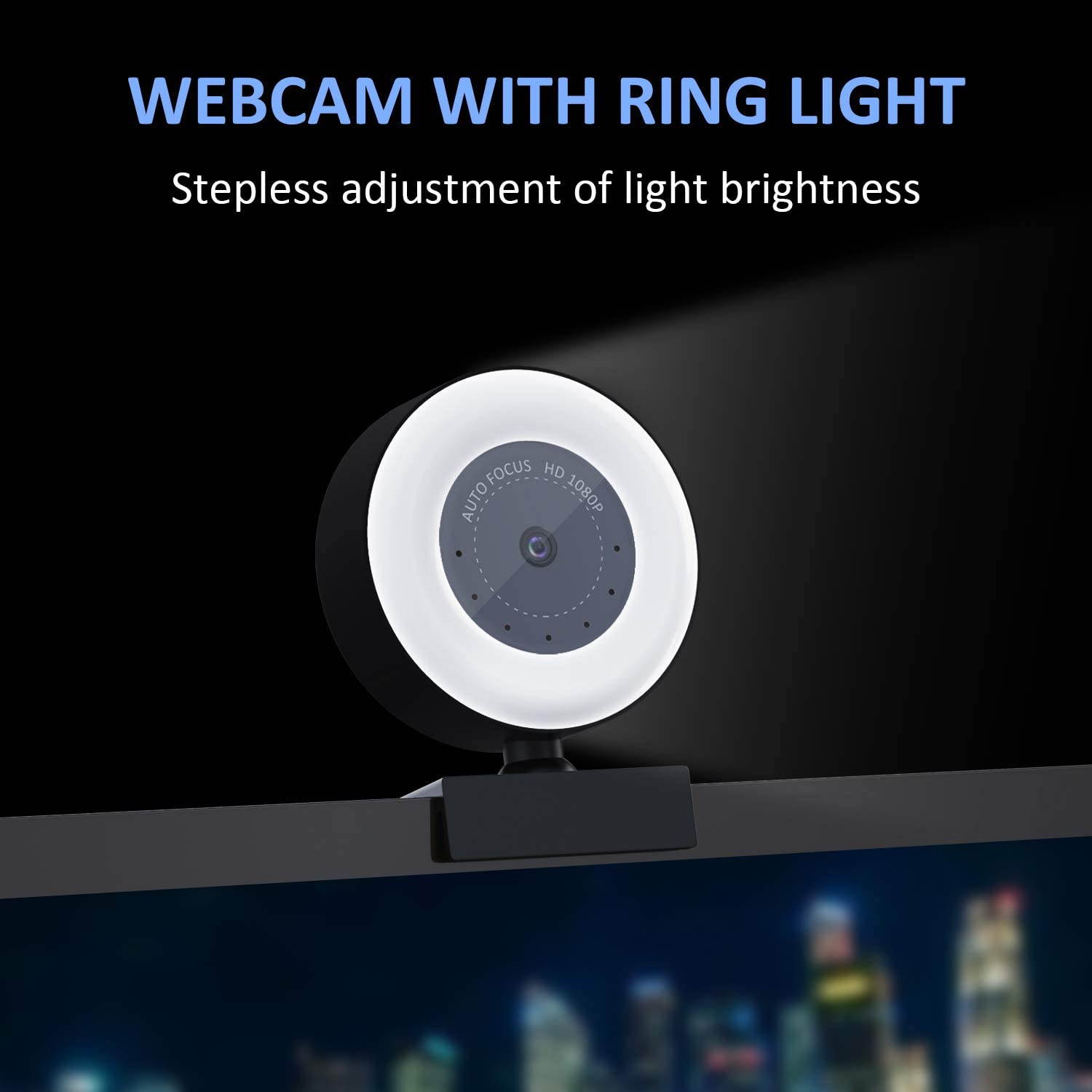 PTN HD Webcam 1080P with Adjustable Brightness Ring Light, USB PC Video Cam with Built-in Microphone, Advanced Autofocus Web Camera with Dual Microphone for Mac Windows Laptop Xbox Skype OBS