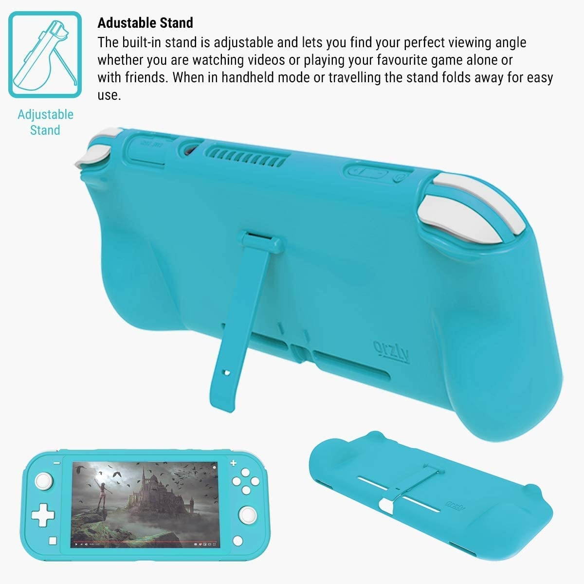 Orzly Grip Case for Nintendo Switch Lite &ndash; Case with Comfort Padded Hand Grips, Kickstand, Pack of Thumb Grips - Turquoise Blue