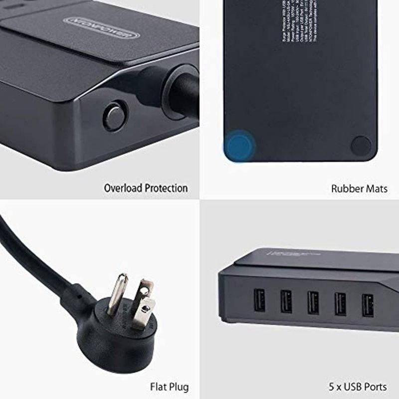 Surge Protector Power Strip with USB, NTONPOWER 4 Outlets 5 USB Desktop Charging Station, Individual Switch Controlled, Flat Plug, Circuit Breaker, 5ft Heavey Duty Extension Cord - Black